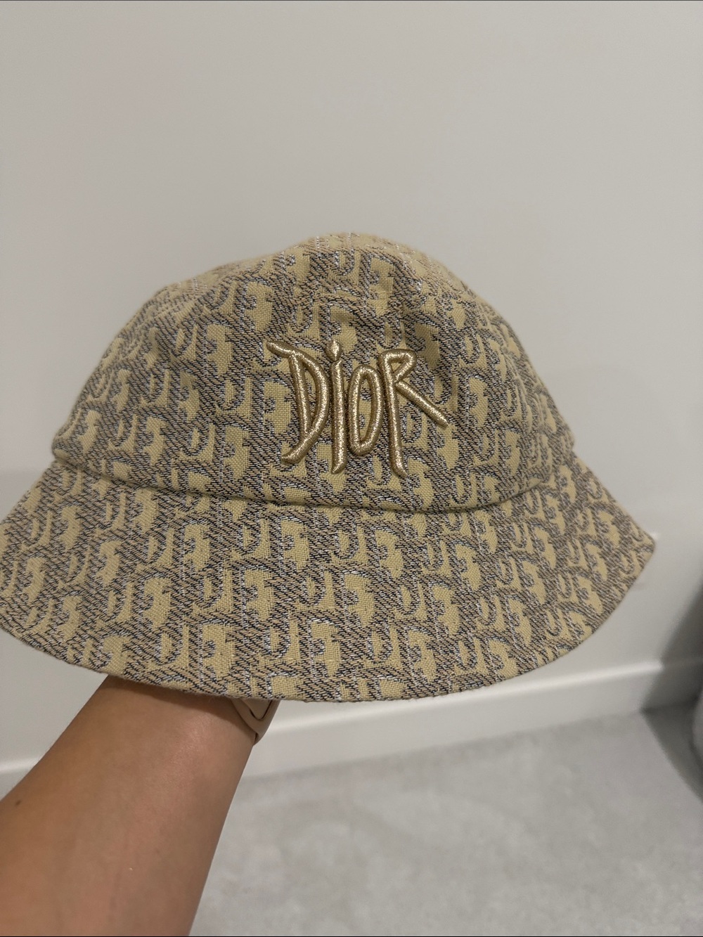 Tan and Gray Monogram Bucket Hat with Embroidered Logo